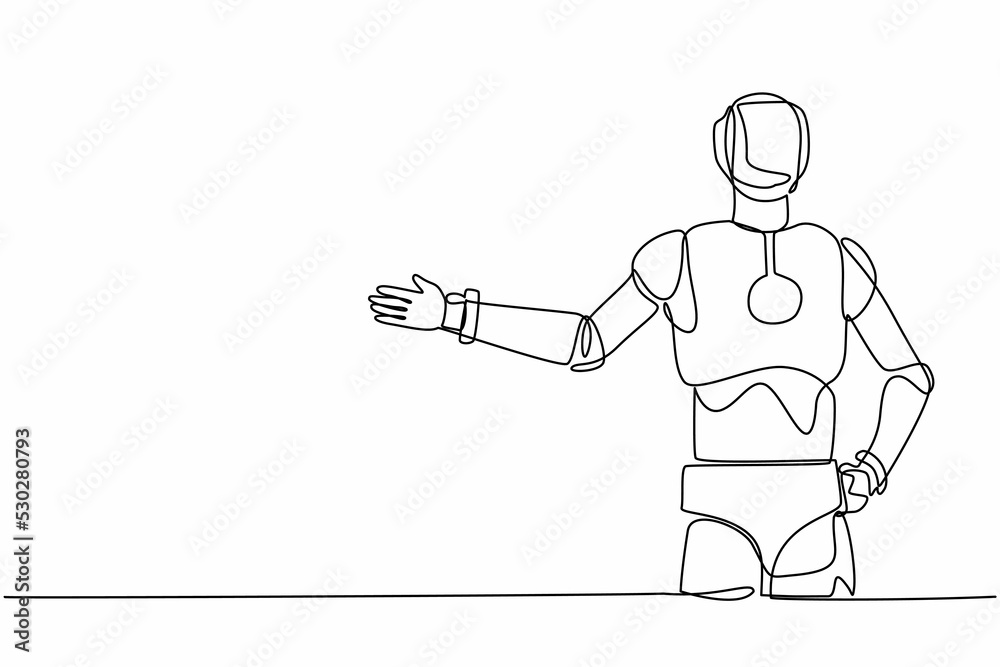 Poster single continuous line drawing robot standing with showing something or presenting project. robotic 