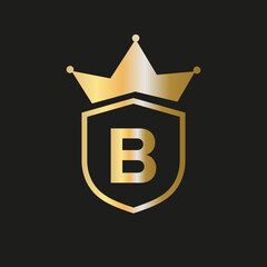 Shield Crown Logo On Letter B Vector Symbol With Elegant Gold Color