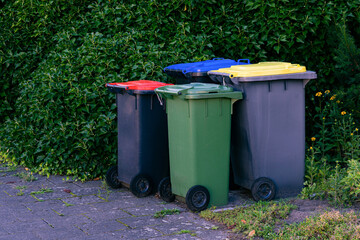 Group of plastic trash cans whit multicolored lid. Green bushes in the background.