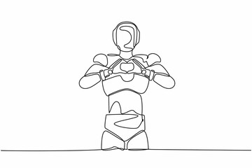 Fototapeta premium Continuous one line drawing robot standing with making love sign, heart symbol in front of chest. Humanoid cybernetic organism. Future robotic development. Single line draw design vector illustration