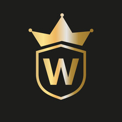 Shield Crown Logo On Letter W Vector Symbol With Elegant Gold Color