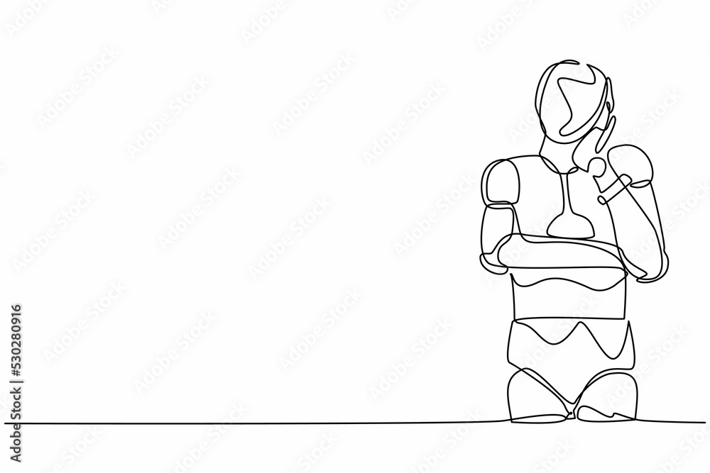 Poster single one line drawing robot standing with keeping hand on cheek. robot suffering from toothache. f