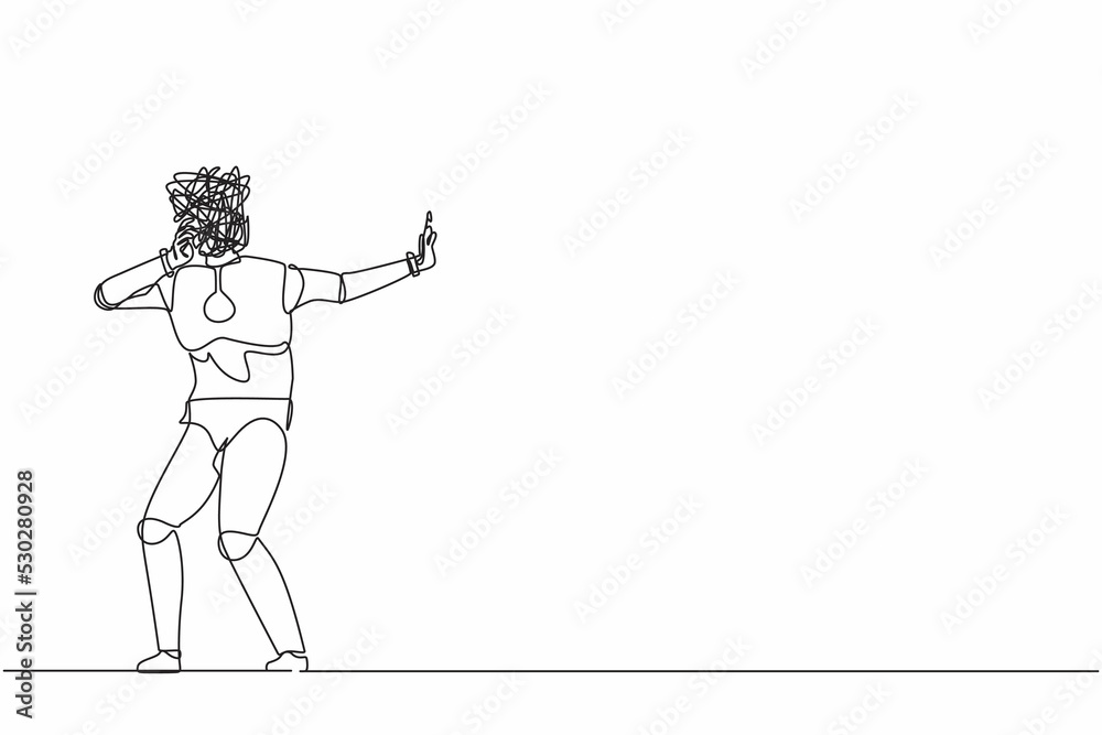 Poster continuous one line drawing robot with round scribbles instead of head. stop gesture, robot covering