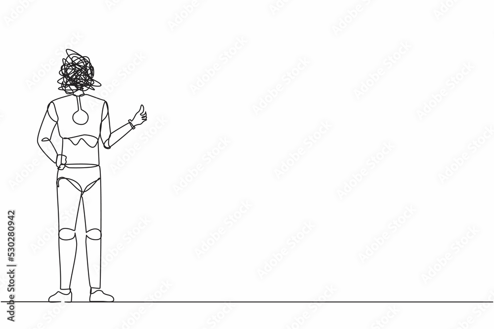 Poster continuous one line drawing robot with round scribbles instead of head, showing thumbs up sign. deal