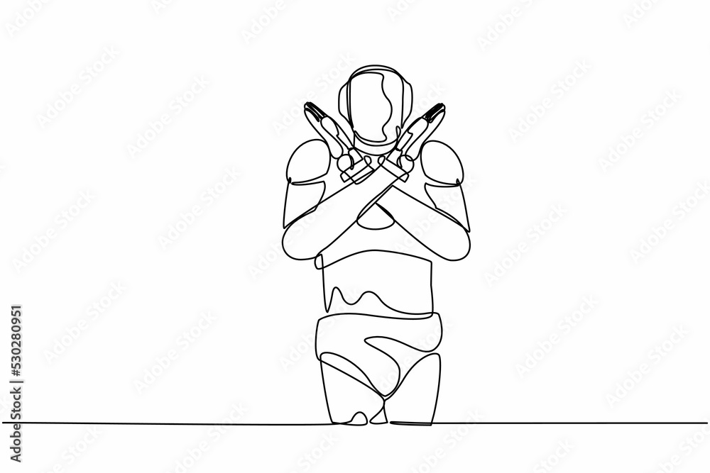Poster single one line drawing robot standing with crossing arms and making x shape, stop sign with hands. 
