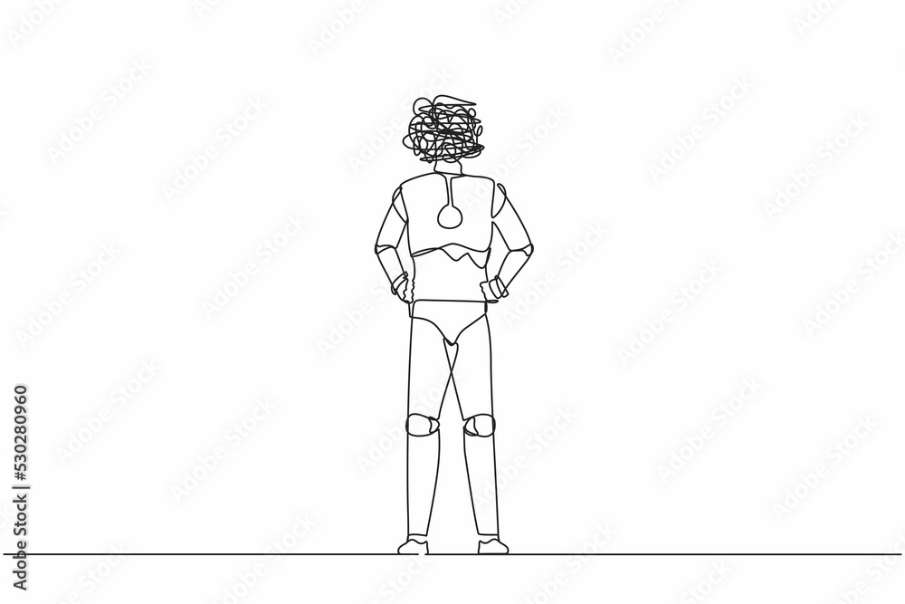 Poster single continuous line drawing robot with round scribbles instead of head, standing and holding hand