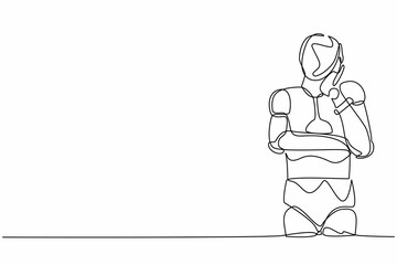 Single one line drawing robot standing with keeping hand on cheek. Robot suffering from toothache. Future technology. Artificial intelligence. Continuous line draw design graphic vector illustration