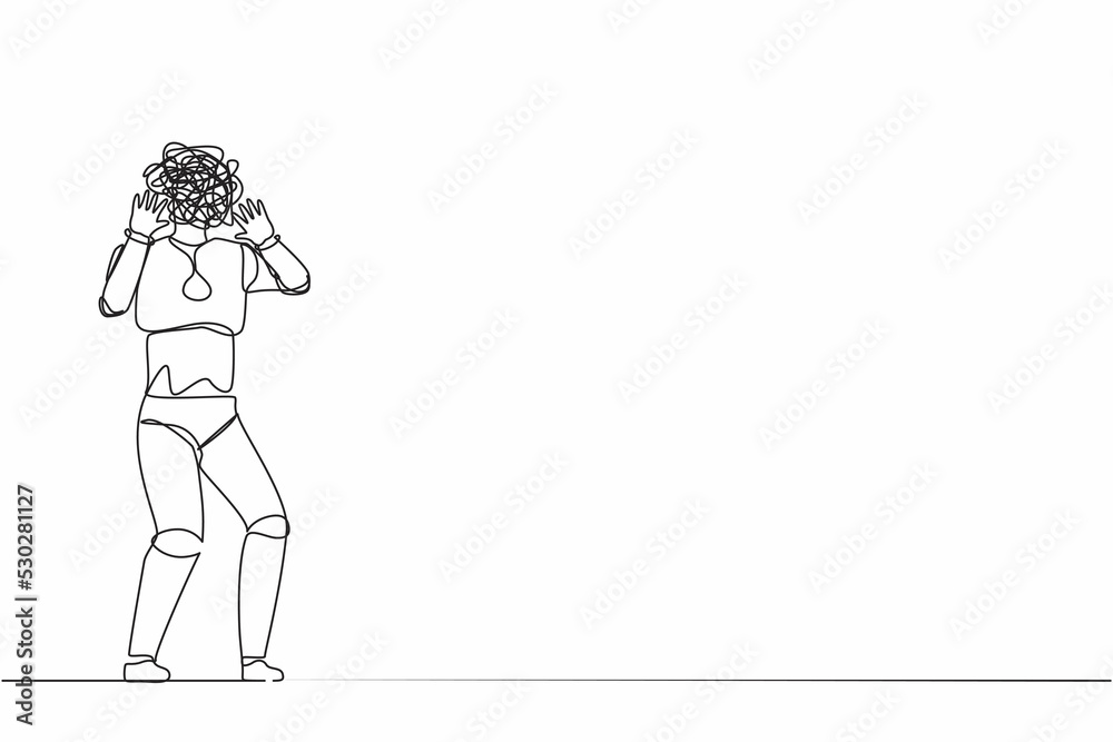 Poster single continuous line drawing robot with round scribbles instead of head. robot shocked gesture wit