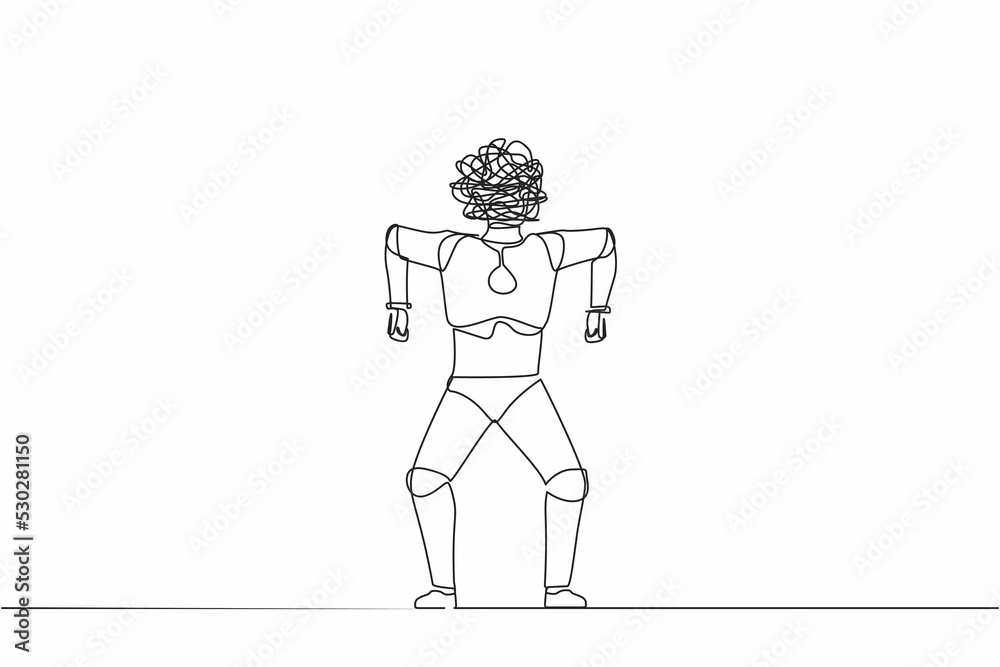 Poster single continuous line drawing robot with round scribbles instead of head. emotional robot in rage. 