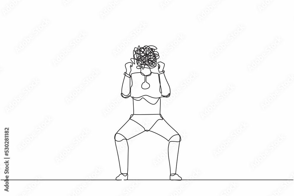 Poster single continuous line drawing robot with round scribbles instead of head. angry robot raised fist. 