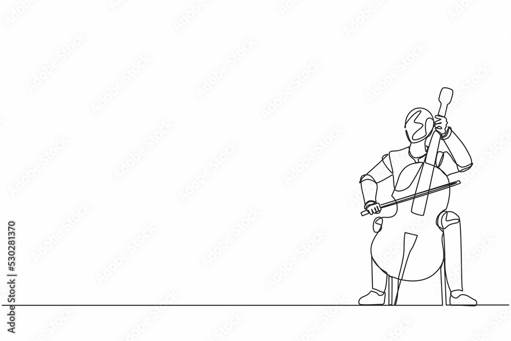 Poster single one line drawing robot playing stringed contrabass or cello. future technology development. a