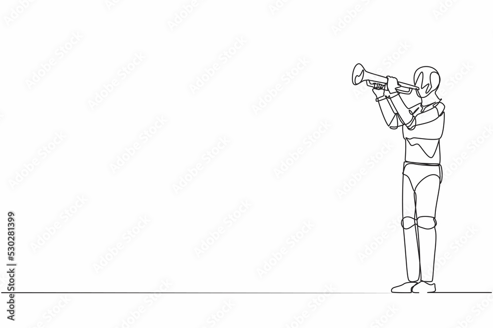 Poster single one line drawing robot playing trumpet at jazz music orchestra. future technology development