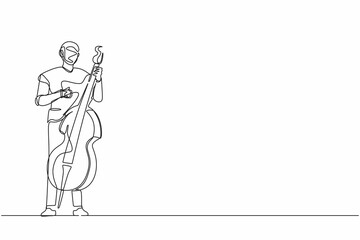 Continuous one line drawing robot musician playing double bass or contrabassist with finger. Humanoid robot cybernetic organism. Future robotic development. Single line draw design vector illustration