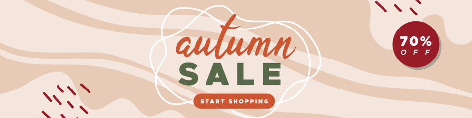 Autumn sale colorful banner. Abstract organic wavy shapes background. For newsletter, web header, social media post, promotional banner, advertising and identity. Vector illustration, flat design