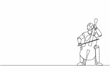 Single one line drawing robot playing stringed contrabass or cello. Future technology development. Artificial intelligence and machine learning. Continuous line draw design graphic vector illustration © Simple Line