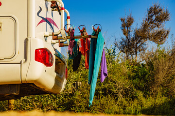 Fototapeta na wymiar Caravan with clothes to dry