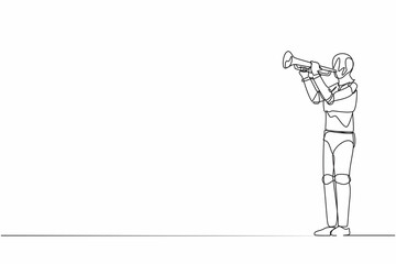 Single one line drawing robot playing trumpet at jazz music orchestra. Future technology development. Artificial intelligence and machine learning processes. Continuous line design vector illustration