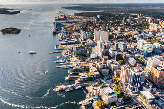 Halifax Nova Scotia,Canada, September 2022,  aerial view of Downtown Halifax Waterfront area with modern buildings, the cruise port terminal and Georges Island