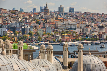 Galata tower and Bosphorus Strait in Istanbul. Karakoy neighborhood. Turkey
