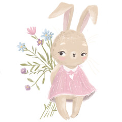 Cute bunny with flowers. Plush bunny, funny baby animal. Pastel flower bouquet