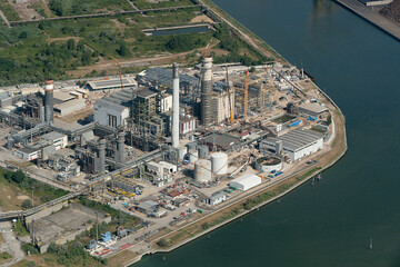 aerial of industrial complex with refinery near Venice,