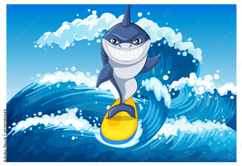 Wall mural Cute shark surfing cartoon ocean scene