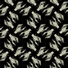 Seamless pattern with crayfish on black background. Endless crawfish texture. Sketch illustration.