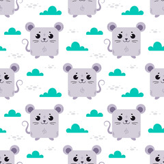 Mouse in the grass. Pattern with cute cartoon animals. Kawaii children's print with pets. Vector illustration for fabric, paper, wallpaper, packaging