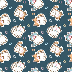 Seamless Pattern with Cute Cartoon Cat Design on Dark Blue Background