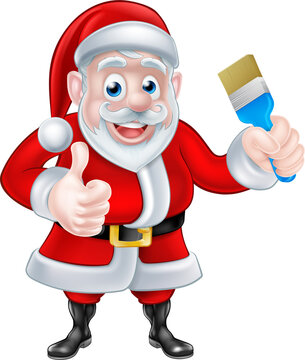 Cartoon Santa Giving Thumbs Up and Holding Paintbrush