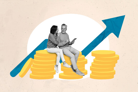 Poster magazine collage of grandparents using tablet check funds account isolated on painted drawing background - Powered by Adobe