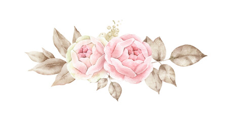 Watercolor bouquet of pink roses..Watercolor illustration isolated on white background. - 530282963