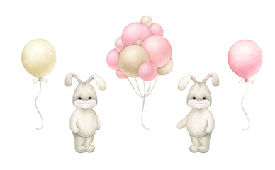 Cute Baby Bunnies  with air balloons..Watercolor illustration isolated on white background.