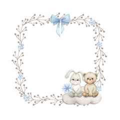 Floral frame with cute animals..Watercolor hand painted illustrations isolated on white background .