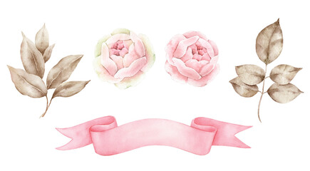 Set of pink roses with leaves..Watercolor illustration isolated on white background.