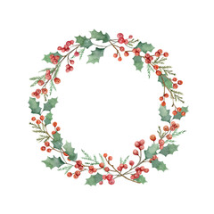 Watercolor vector Christmas frame with fir branches and holly berry.