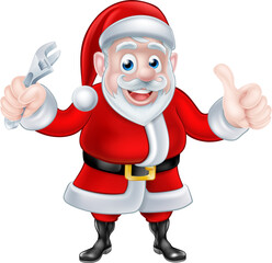 Cartoon Santa Thumbs Up and Holding Wrench Spanner