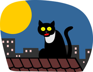 black cat on the night roof under the full moon vector illustration