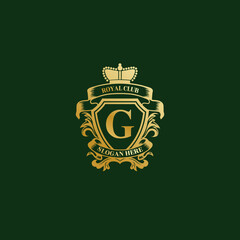 Luxury royal wing Letter G crest Gold color Logo vector. Crest logo, wing logo, vector logo. Vector Royal Shield Golden Laurel Wreath Stock Vector. 