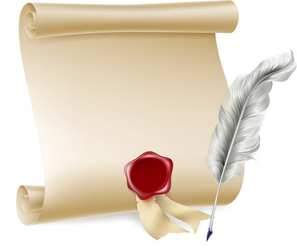 Quill pen and scroll with wax seal