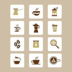 Modern flat color set of coffee related modern flat vector. Contains such icons as cezve, coffee maker machine, beans and more. Vector eps 10.