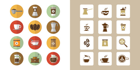 Modern flat color set of coffee related modern flat vector. Contains such icons as cezve, coffee maker machine, beans and more. Vector eps 10.