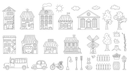 A set of outline houses, buildings, cafe, mill, trees, vehicles in sketch doodle style.