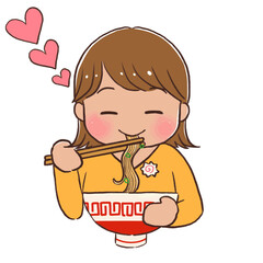 ラーメンを食べて幸せな女性