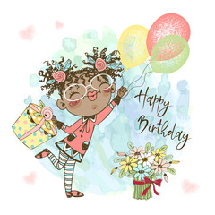 A birthday card for a girl. Cute girl with balloons gifts and cake celebrates her birthday. Vector.