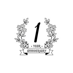 1 year anniversary,  logo design template with floral decoration