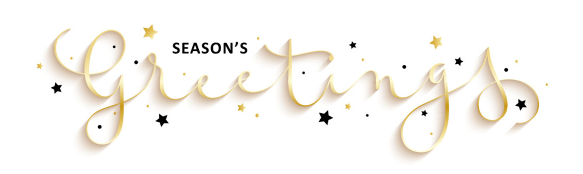 SEASON'S GREETING black and metallic gold vector brush calligraphy banner with stars