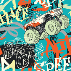 Abstract seamless cars pattern for boy on background. Childish style wheel auto repeated backdrop © Janna Mudrak