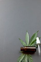 Poster Vertical image of marihuana leaf and bottle of cbd oil on grey surface © vectorfusionart