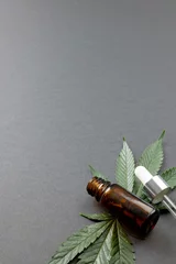 Foto op Aluminium Vertical image of marihuana leaf and bottle of cbd oil on grey surface © vectorfusionart